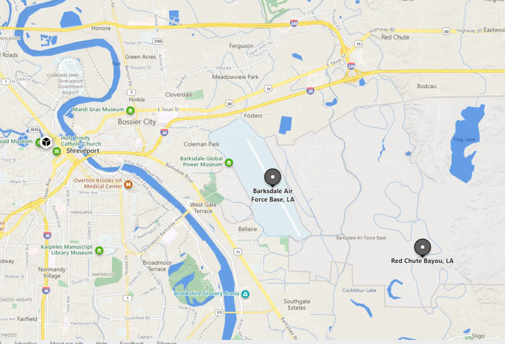 Map showing location of Barksdale Air Base and Red Chute Bayou just east of Shreveport, Louisiana.