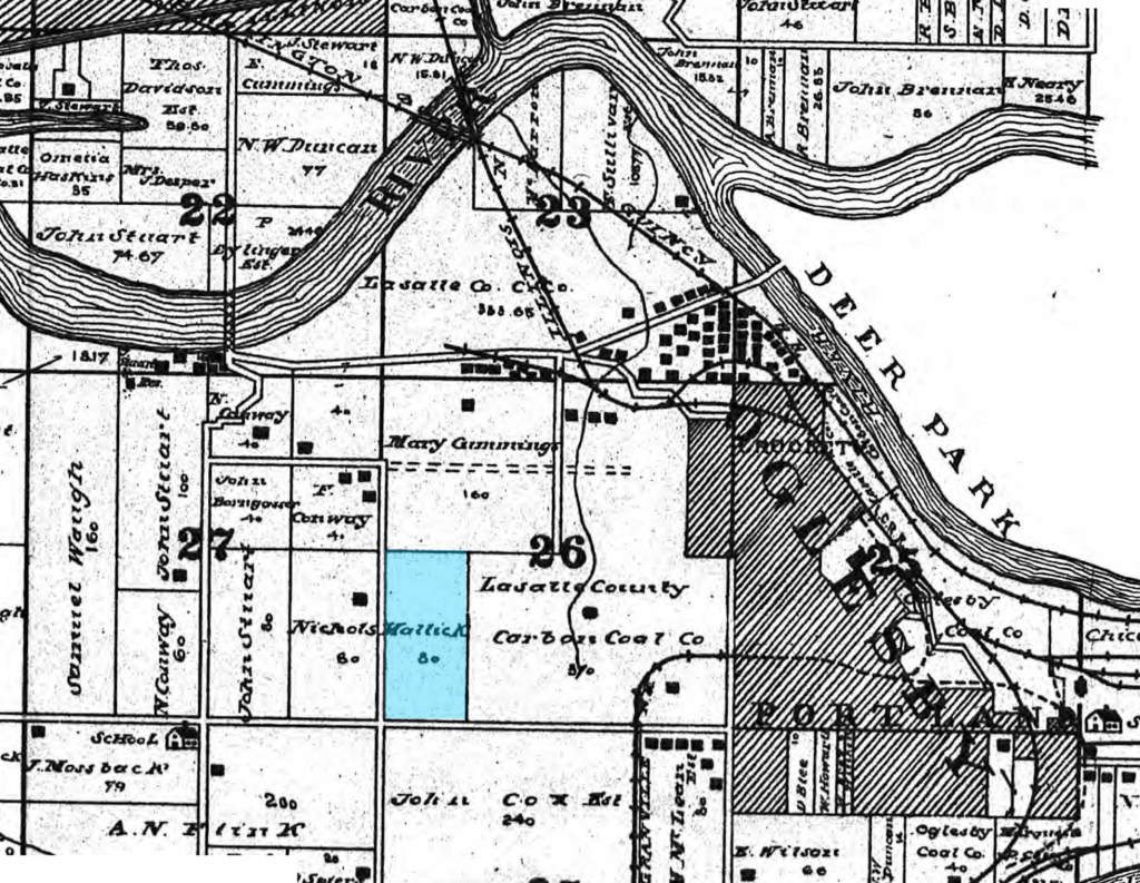 LaSalle County Plat Book showing location of Mallick land west of Oglesby, 1910