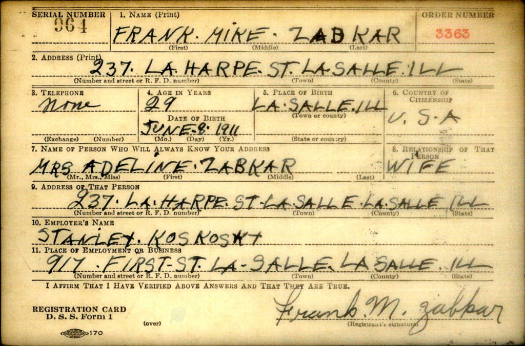 WWII draft registration card for Frank Mike Zabkar.