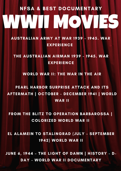 Flyer listing WWII movies to watch. the image has a background of a red curtain