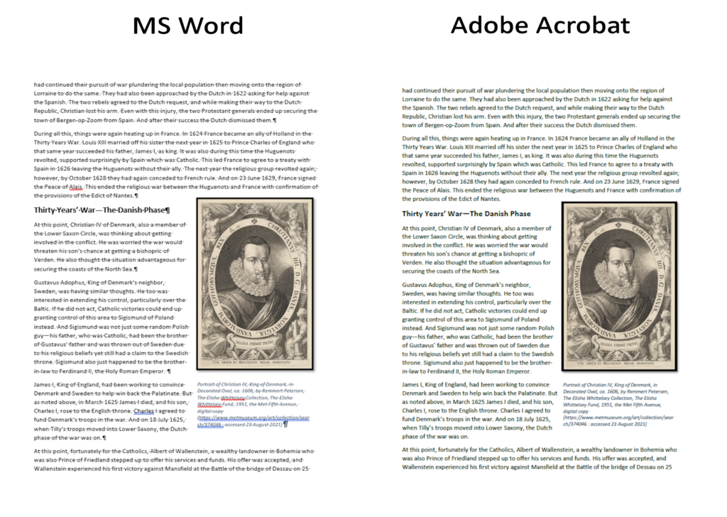 Side by side comparison of what a page in MS Word looks like and what it looks like saved as a PDF page
