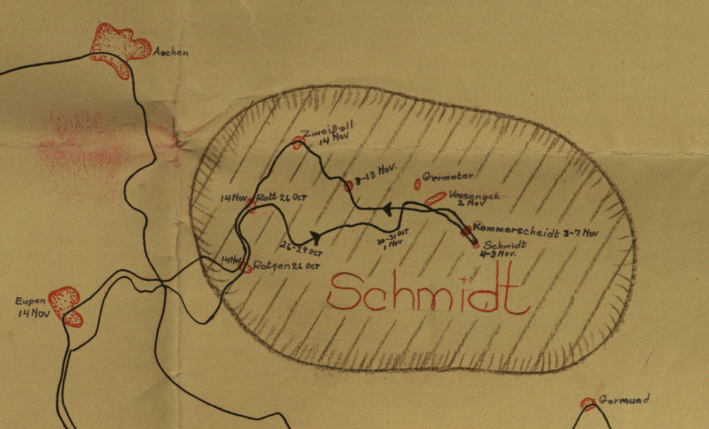 Map showing positions of the 112th Infantry in November 1944.