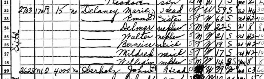 This image is a portion of the 1940 census showing Delmar living on Sixth street in Peru with his aunts and siblings.