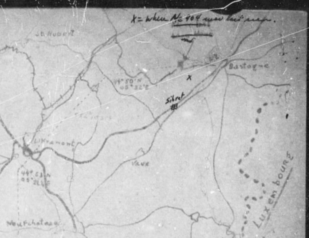 Map showing where plane was last seen southwest of Bastogne