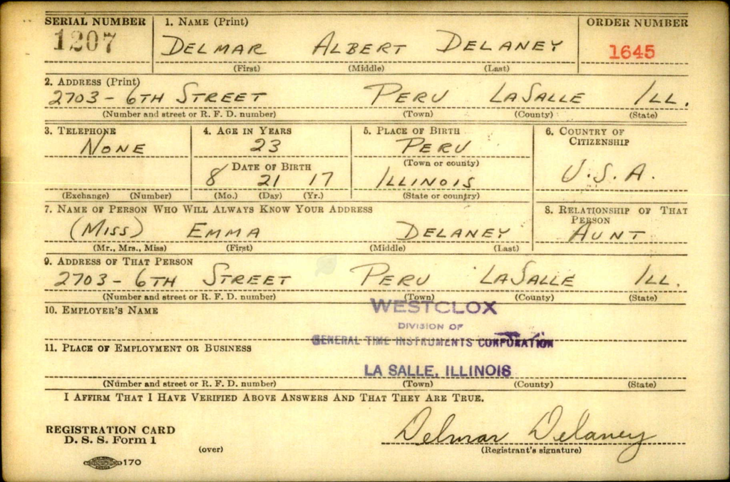 WWII Registration Card for Delmar Delaney.