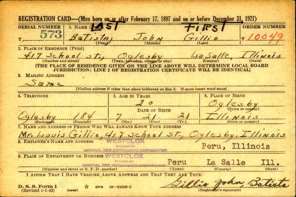 WWII Registration Card for Batista Gillio.