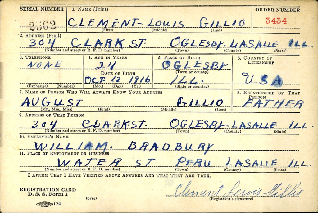 WWII Registration Card for Clement Gillio.