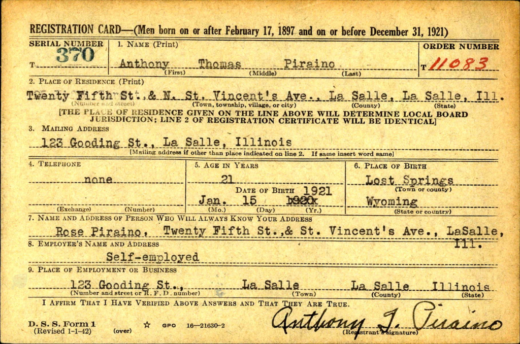 WWII Registration Card for Anthony Piraino.