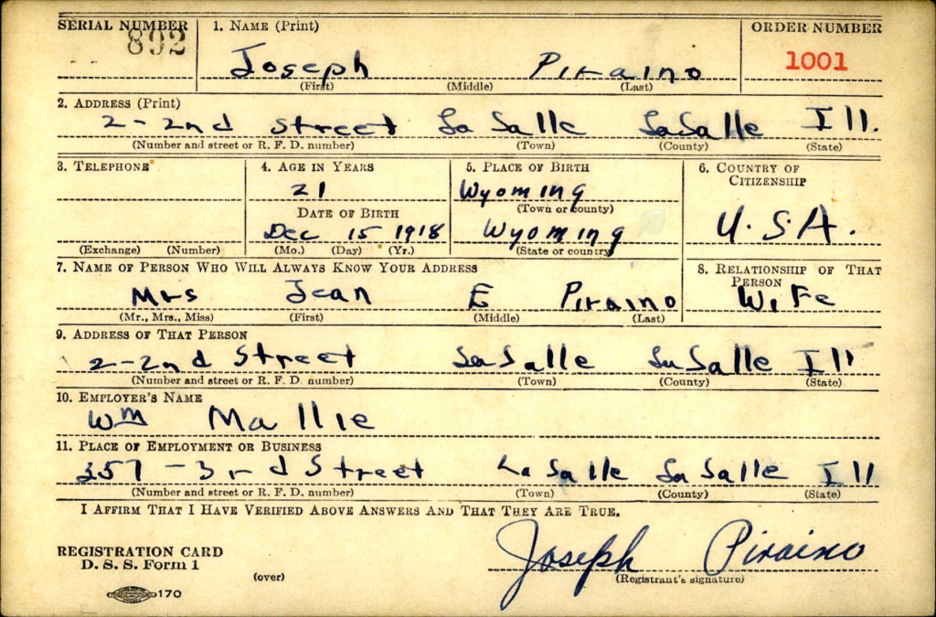 WWII registration card for Joseph Piraino.