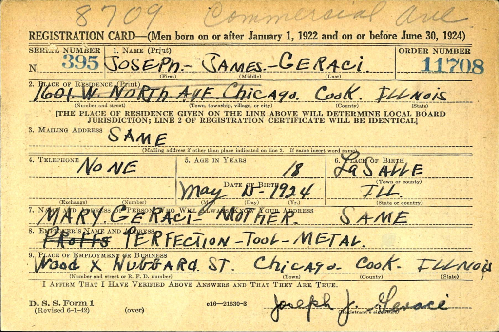 WWII Registration Card for Joseph James Geraci