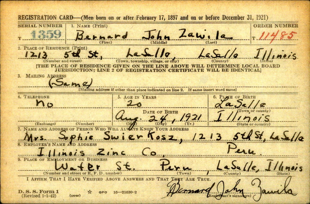 WWII Registration Card for Bernard Zawilla.