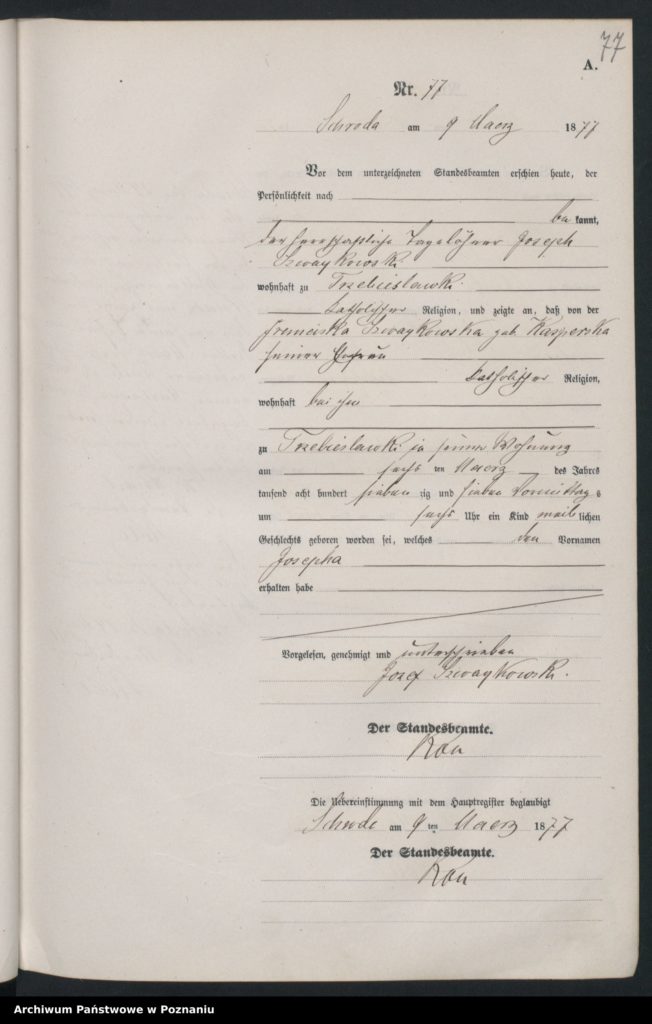 Copy of German birth record from 1877 for Josephine Szwajkowska