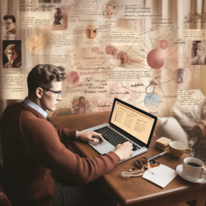 Man sitting and writing on a computer at a desk. Brown themed colors.