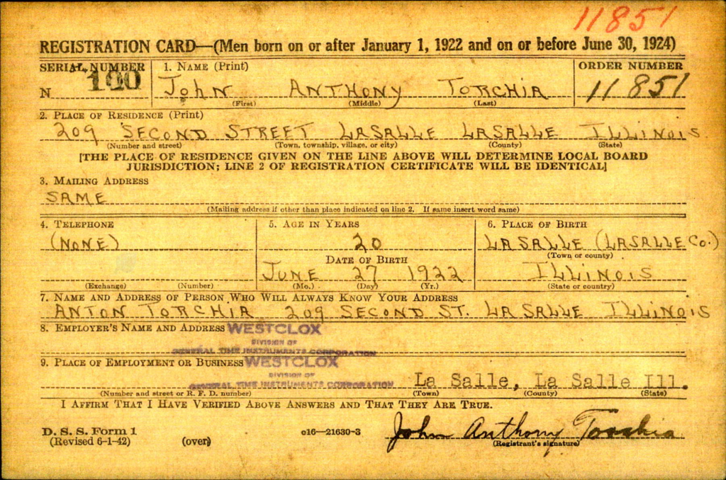 WWII draft card for John Torchia