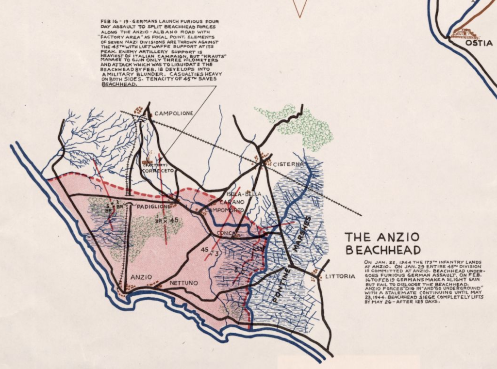 Location of the 180th Infantry Regiment position Jan. 1944-May 1944, Anzio, Italy